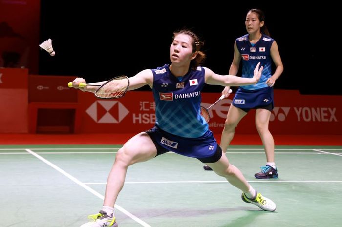 Pasangan ganda putri Jepang, Nami Matsuyama/Chiharu Shida, saat tampil di BWF World Tour Finals 2021. 