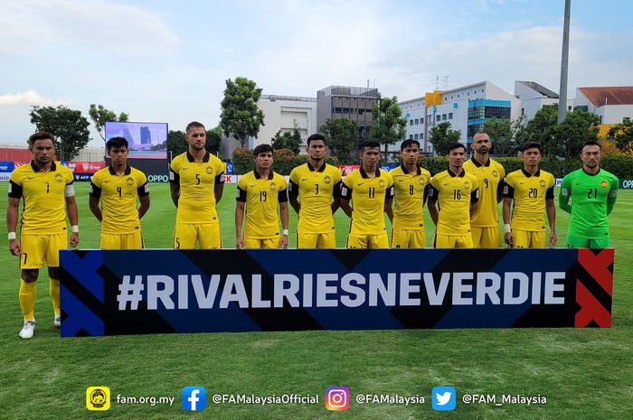 Skuad timnas Malaysia saat menghadapi Kamboja di fase grup Piala AFF 2020.