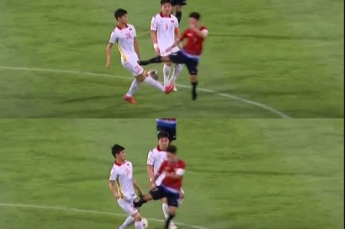 Soukaphone Vongchiengkham atau dikenal sebagai Messi Laos melakukan tekel horor ke pemain timnas Vietnam. 