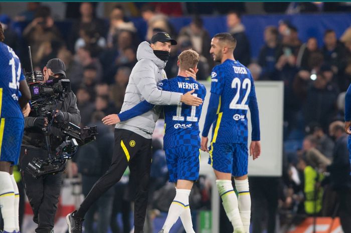 Momen Thomas Tuchel bersama Timo Werner dan Hakim Ziyech usai laga Chelsea kontra Juventus pada matchday kelima Grup H Liga Champions.