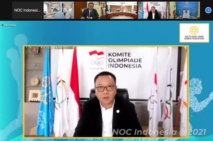 Sekretaris Jenderal NOC Indonesia Ferry Kono dalam SEAGF Meeting yang diadakan virtual, Selasa (7/12/2021).