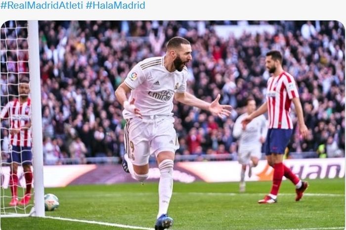 Karim Benzema usai menjebol gawnag Atletico Madrid dalam laga 2 Februari 2020.
