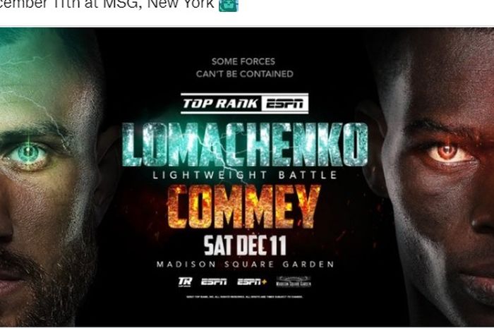 Poster duel monster tinju favorit Mike Tyson, Vasyl Lomachenko melawan Richard Commey (12/12/2021) WIB.