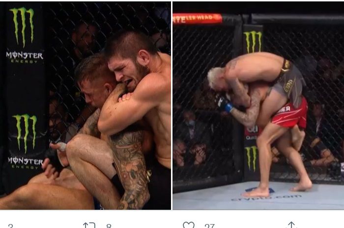 Kolase foto dua kekalahan Dustin Poirier dalam laga perebutan sabuk juara kelas ringan UFC setelah dicekik Khabib Nurmagomedov (kiri) dan Charles Oliveira (kanan).