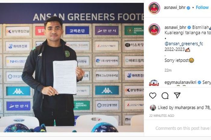 Asnawi Mangkualam secara resmi menandatangani kontrak baru dengan Ansan Greeners hingga 2023 pada Kamis (6/1/2022).