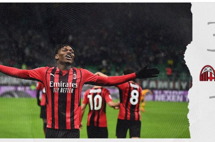 Selebrasi gol pemain AC Milan Rafael Leao melawan AS Roma dalam lanjutan Liga Italia di San Siro, Kamis (6/1/2022).