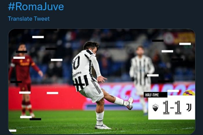 Aksi penyerang Juventus, Paulo Dybala, saat mencetak gol ke gawang AS Roma pada laga lanjutan Liga Italia di Stadion Olimpico, Minggu (9/1/2022).