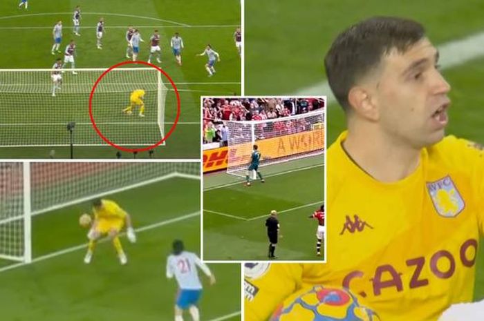 Momen saat kiper Aston Villa Emiliano Martinez melakukan blunder yang berujung pada gol pemain Manchester United, Bruno Fernandes.
