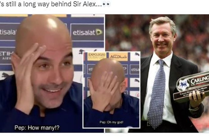 Begini reaksi kocak pelatih Manchester City, Pep Guardiola, saat tahu jumlah trofi MOTM (Manager of the Month) Sir Alex Ferguson.
