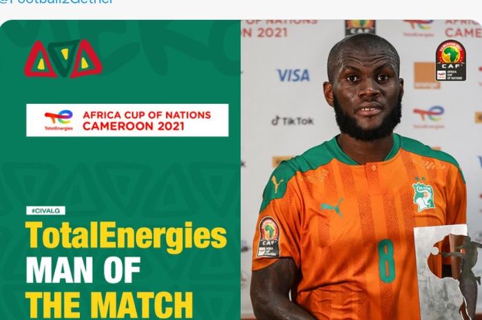 Franck Kessie saat menjadi man of the match laga Pantai Gading vs Aljazair di Piala Afrika 2021, Kamis (20/1/2022) di Douala.