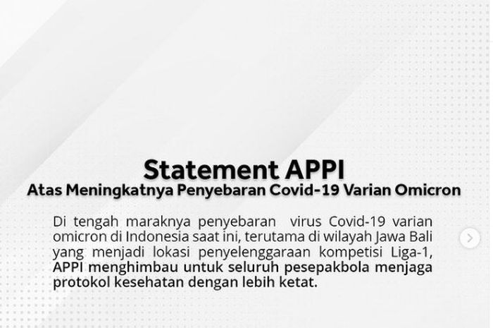 Statement resmi Asosiasi Pesepakbola Profesional Indonesia terkait merebaknya kasus Covid-19 dikalangan pesepakbola