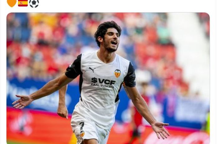 Goncalo Guedes saat merayakan gol untuk Valencia.