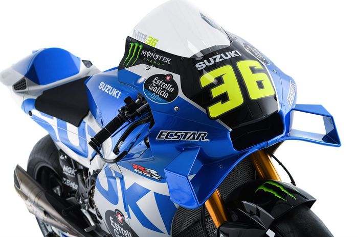 Motor balap Suzuki GSX-RR yang dikendarai pembalap Suzuki Ecstar, Joan Mir, pada MotoGP 2022.