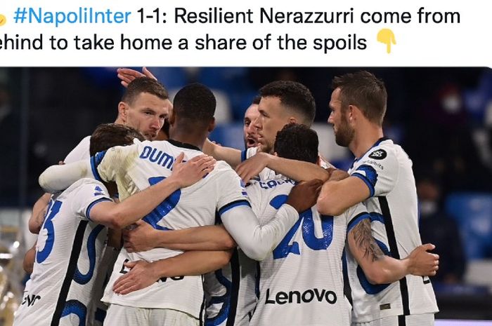 Para pemain Inter Milan merayakan gol Edin Dzeko ke gawang Napoli pada pekan ke-25 Liga Italia musim 2021-2022 di Stadion San Paolo, Sabtu (12/2/2022) waktu setempat atau Minggu dini hari WIB.