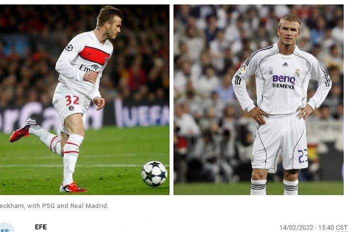 David Beckham saat memperkuat Paris Saint-Germain (kiri) dan Real Madrid.