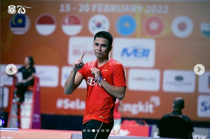 Ikhsan Leonardo Rumbay usai memastikan kemenangan atas wakil Hong Kong, Chan Yin Chak di Kejuaraan Beregu Asia 2022.