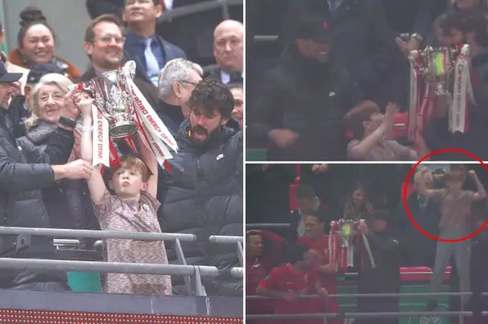 Seorang anak kecil menjadi voral setelah ikut skuad Liverpool dan merasakan mengangkat trofi Carabao Cup pada Minggu (27/2/2022) di Stadion Wembley, London.