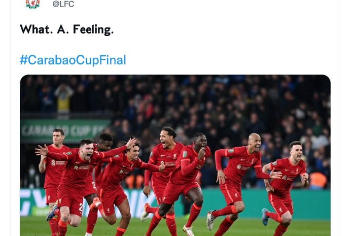 Ekspresi kegembiraan pemain Liverpool saat dipastikan menjuarai Piala Liga Inggris di Stadion Wembley, London, Inggris, Minggu (27/2/2022) waktu setempat atau Senin dini hari.