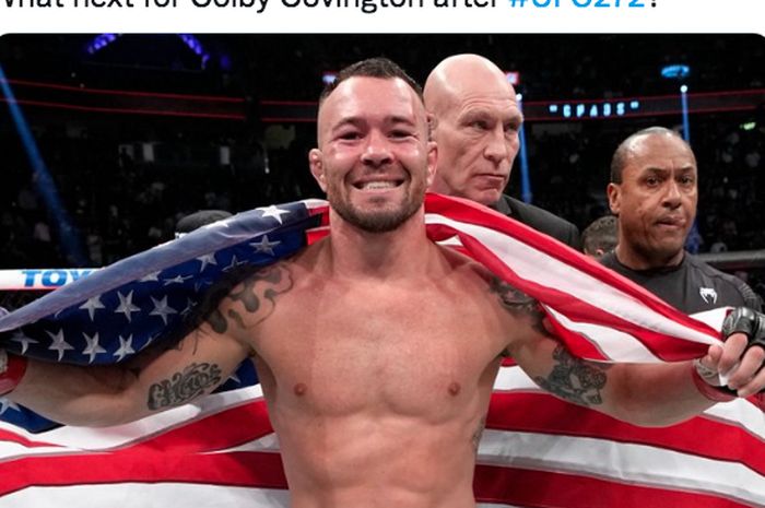 Petarung seni bela diri campuran (mixed martial arts/MMA), Colby Covington, usai meraih kemenangan atas Jorge Masvidal pada acara utama UFC 272 yang digelar di Las Vegas, Amerika Serikat, Minggu (6/3/2022).
