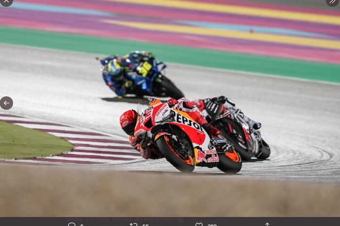 Pembalap Repsol Honda, Marc Marquez kala beraksi di MotoGP Qatar 2022 (6/3/2022).