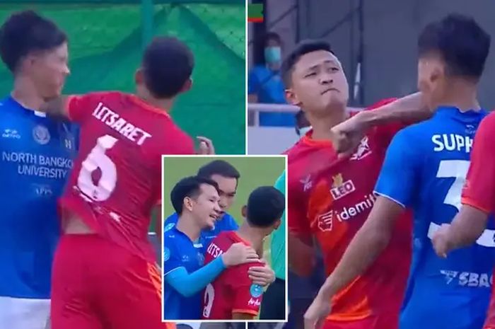 Pemain Bangkok FC Aitsaret Noichaiboon (seragam merah) melayangkan pukulan dengan sikunya ke pemain North Bangkok University, Supasan Ruangsuphanimit.