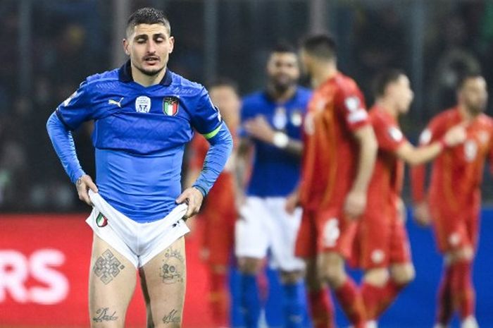 Reaksi Marco Verratti usai timnas Italia dikalahkan Makedonia Utara di semifinal play-off Piala Dunia 2022 di Renzo Barbera (24/3/2022).
