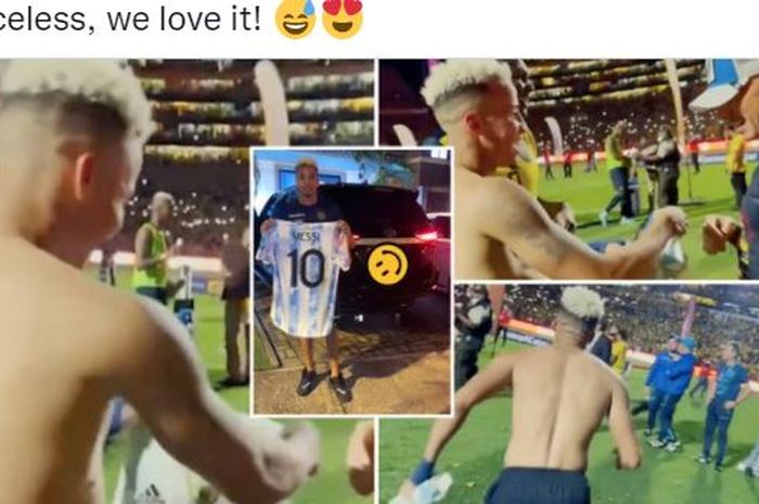 Bek Ekuador yang membela Barcelona Sporting Club, Byron Castillo, meluapkan ekspresi tak ternilai setelah menerima kostum Argentina dari Lionel Messi.