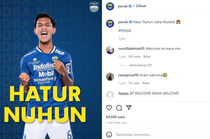 Tangkapan layar akun instagram Persib Bandung tentang pelepasan Indra Mustafa