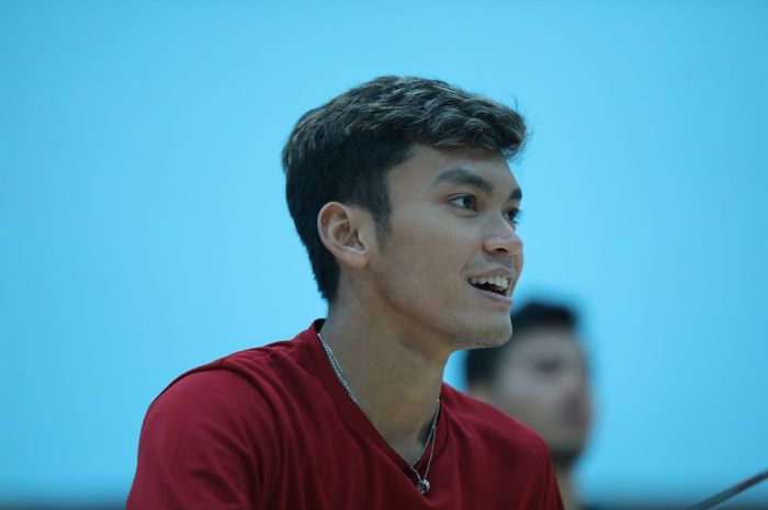 Pebulu tangkis ganda putra Indonesia, Muhammad Shohibul Fikri, di sela-sela latihan menjelang Korea Open 2022,