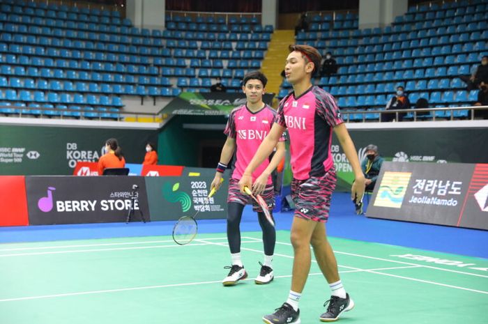 Fajar Alfian/Muhammad Rian Ardianto saat bertanding di babak pertama Korea Open 2022, di Palma Indoor Stadium, Suncheon, Korea Selatan, Selasa (5/4/2022). 