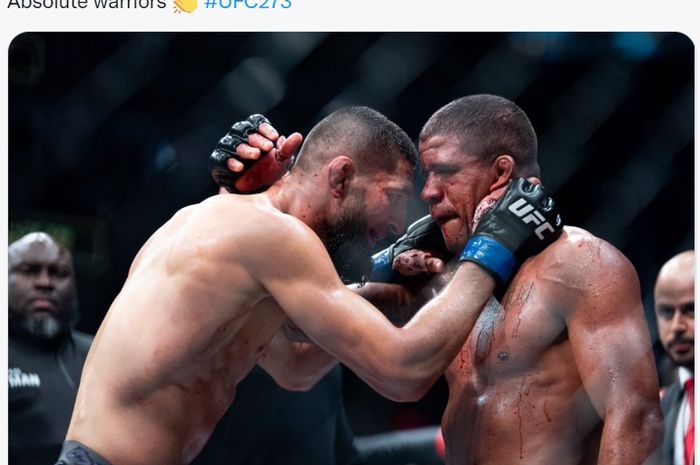 Saling respek antara Khamzat Chimaev dan Gilbert Burns usai laga UFC 273, Minggu (10/4/2022) WIB di Jacksonville.