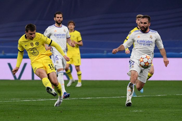 Mason Mount berhasil membuka keunggulan 1-0 Chelsea atas Real Madrid di babak pertama leg kedua perempat final Liga Champions 2021-2022.  