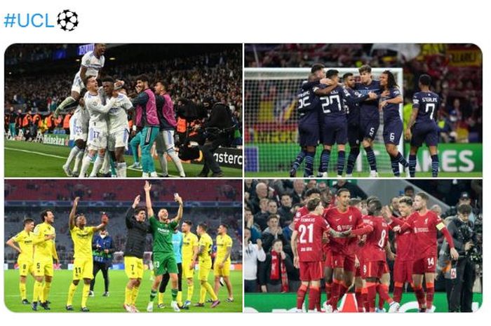 Semifinalis Liga Champions 2021-2022. Searah jarum jam: Manchester City, Liverpool, Villarreal, Real Madrid.
