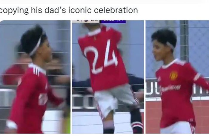 Cristiano Ronaldo Jr melakukan selebrasi untuk tim junior Manchester United usai mencetak gol ke gawang Girones Sabat.