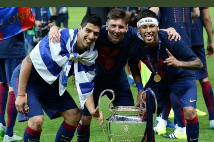 Luis Suarez, Lionel Messi, dan Neymar Junior saat merayakan keberhasilan Barcelona menjuarai Liga Champions 2014-2015