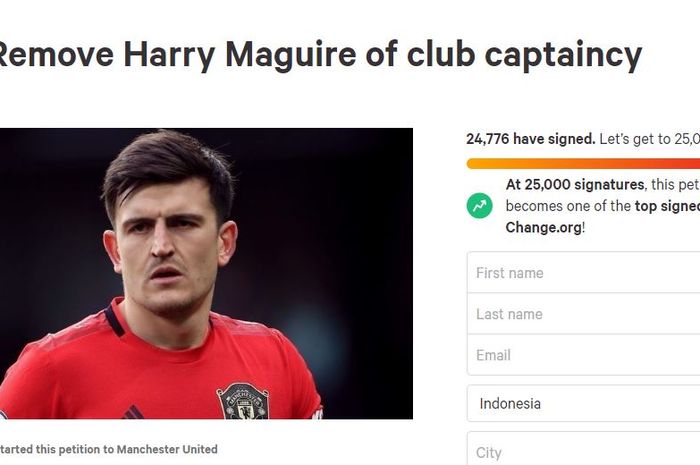 Tangkapan layar petisi daring yang menuntut pencopotan Harry Maguire sebagai kapten Manchester United.