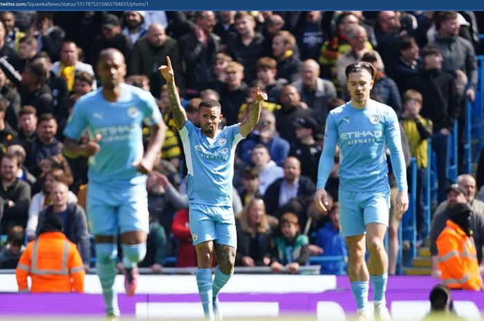 Gabriel Jesus memborong dua gol dan satu assist saat Manchester City bermain melawan Watford di pekan ke-34 Liga Inggris 2021-2022.