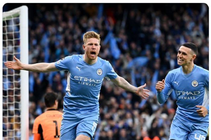 Selebrasi Kevin De Bruyne usai membawa unggul Man City atas Real Madrid dalam semifinal leg pertama pada Rabu (27/4/2022) dini hari WIB.