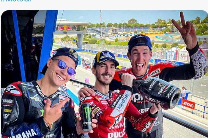 Tiga pembalap pengisi podium MotoGP Spanyol 2022: Fabio Quartararo, Francesco Bagnaia, dan Aleix Espargaro.