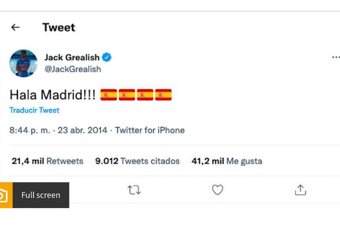 Tangkapan layar cuitan Jack Grealish yang mendukung Real Madrid pada 2014 kembali viral setelah Man City tersisih oleh lawan yang sama pada semifinal Liga Champions musim 2021-2022.