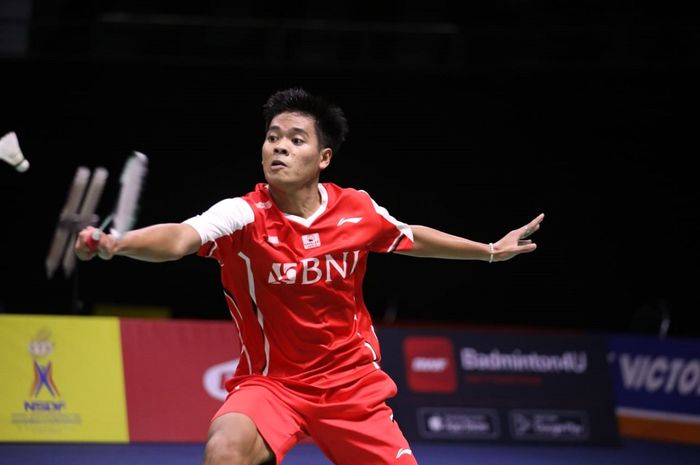 Pemain tunggal putra Indonesia Syabda Perkasa Belawa ketika melawan Korea Selatan pada Thomas Cup 2022, Rabu (11/5/2022).