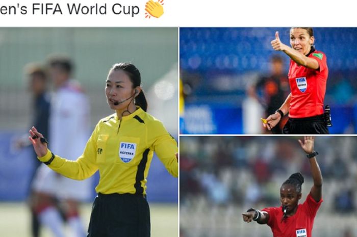 Tiga wasit perempuan yang akan memimpin laga Piala Dunia 2022:  Yoshimi Yamashita dari Jepang (kiri), Stephanie Frappart dari Prancis (kanan atas), dan Salima Mukansanga dari Rwanda