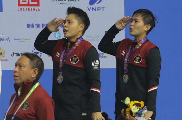 Apriyani Rahayu/Siti Fadia Silva Ramadhanti berhasil meraih medali emas cabang olahraga bulu tangkis nomor perorangan ganda putri SEA Games 2021 di Bacqiang Gymnasium, Hanoi, Vietnam, Minggu (22/5/2022).