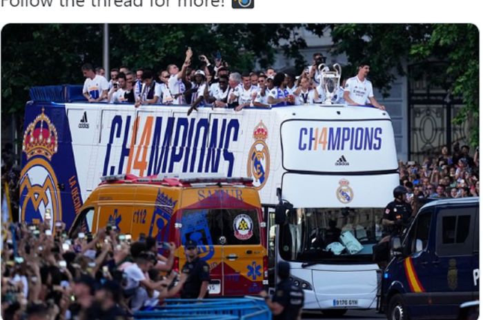 Suasana parade perayaan juara Real Madrid usai merengkuh trofi ke-14 Liga Champions pada Minggu (29/5/2022).
