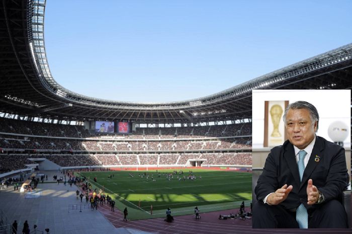 Stadion Nasional Jepang di Shinjuku, Tokyo, yang dibuka Desember 2019 siap menggelar Piala Asia 2023 seperti ditegaskan Presiden Asosiasi Sepak Bola Jepang Kozo Tashima (insert).