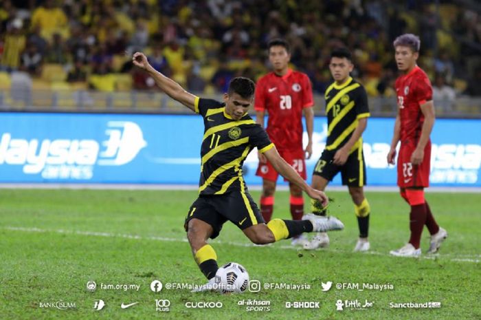 Safawi Rasid mencetak gol untuk Timnas Malaysia melawan Hongkong di Stadion Nasional Bukit Jalil, Kuala Lumpur, Rabu (1/6/2022) malam.