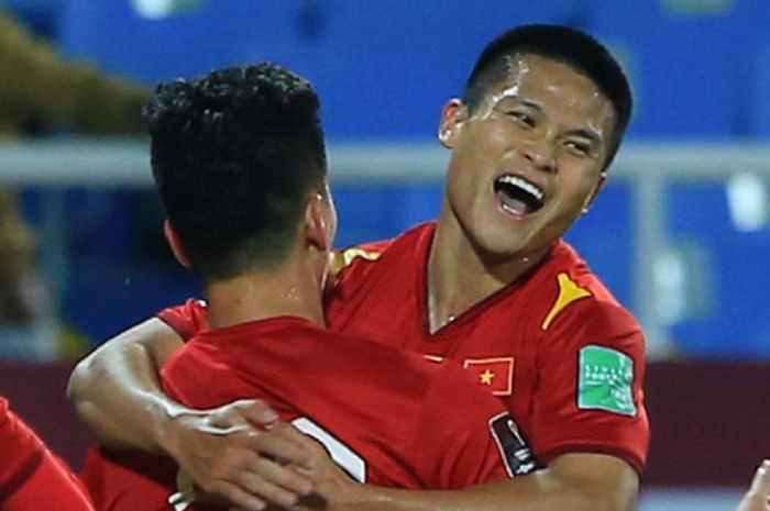 Striker Timnas Vietnam Tuan Hai Pham selebrasi gol ke gawang Afghanistan dalam FIFA Matchday di Ho Chi Minh City, Rabu (1/6/2022) malam. 