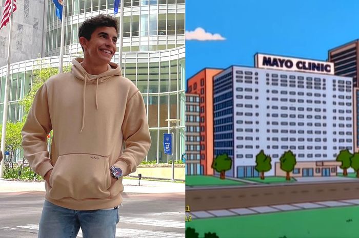 Marc Marquez berpose di depan Mayo Clinic di Minnesota, Amerika Serikat, menjelang operasi pada tulang humerusnya dan penampakan Mayo Clinic dalam salah satu episode The Simpsons.
