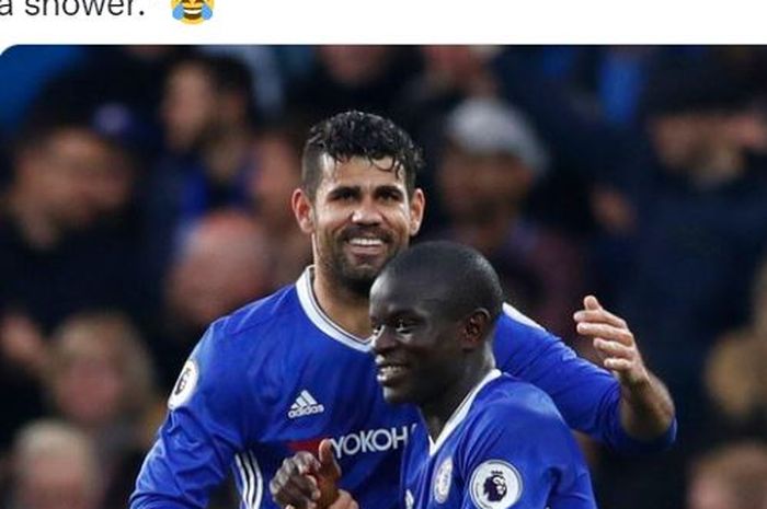 Diego Costa dan N'Golo Kante melakukan selebrasi saat berkostum Chelsea.