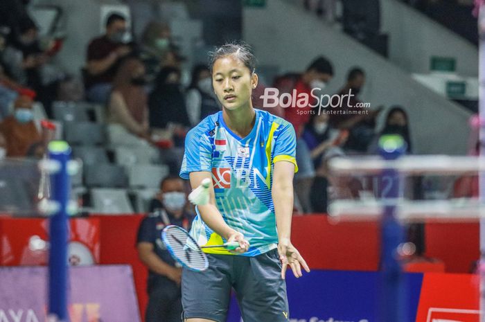 Pebulutangkis tunggal putri Indonesia, Putri Kusuma Wardani (Putri KW), sedang bertanding di Indonesia Masters 2022.